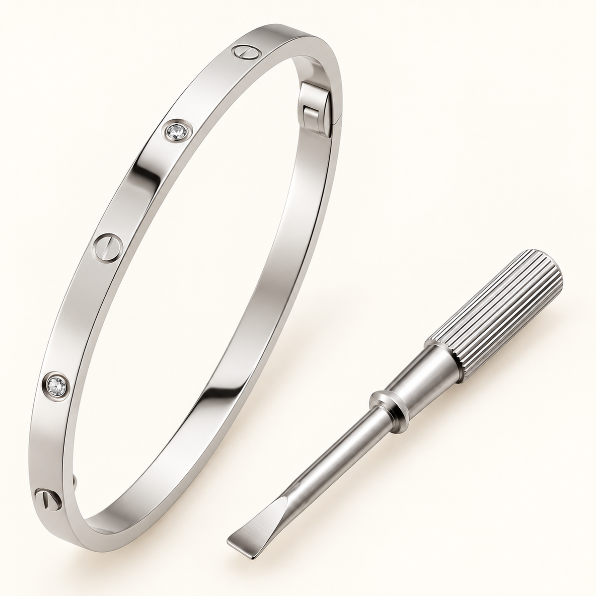 Polished Titanium Steel Narrow Four Diamons Screw Love Bangle