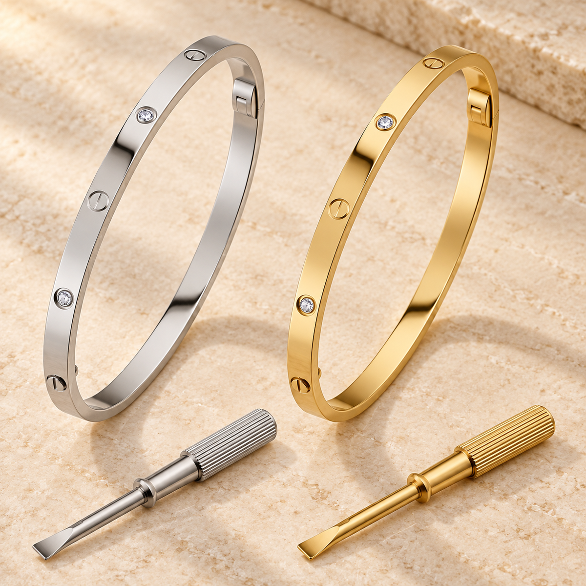 Polished Titanium Steel Narrow Four Diamons Screw Love Bangle